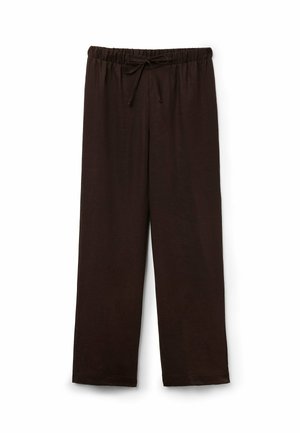 Mørkebrune bukser med løs pasform, elastisk taljebånd og snøre foran, lige ben og opsmøgede kanter.
