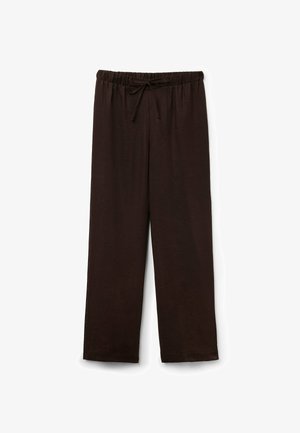 Mørkebrune bukser med løs pasform, elastisk taljebånd og snøre foran, lige ben og opsmøgede kanter.