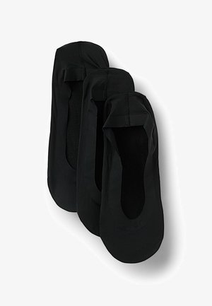 Black ballet flats made of soft fabric, featuring a rounded toe, low-cut design, and elastic edges for a snug fit. Three pairs stacked.