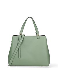 Groene leren handtas met dubbele handvatten en een afneembare schouderriem. Gestructureerd oppervlak, afgeronde vorm en gouden hardware-accenten.