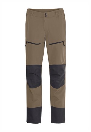 Pantalones exteriores beige con parches negros en las rodillas, dos bolsillos frontales con cremallera y una cintura elástica para mayor flexibilidad. Textura de tela suave.