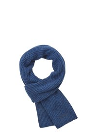 Sciarpa blu a coste con una texture morbida, caratterizzata da un design a loop e con un sottile dettaglio del logo all'estremità.