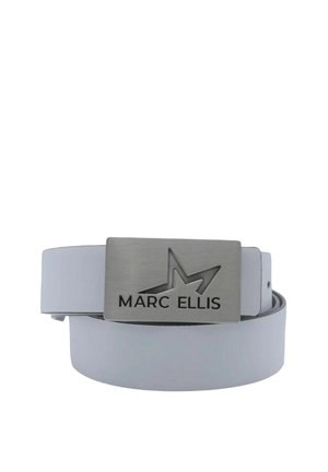 Cintura in pelle bianca, arrotolata con fibbia metallica rettangolare incisa con una stella e il nome del marchio "Marc Ellis".