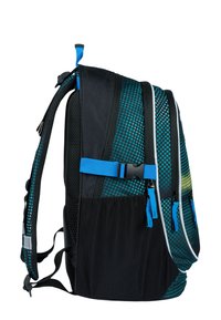 Batoh s černým základem a vzorem s tyrkysovými tečkami. Disponuje polstrovanými síťovinovými popruhy, modrými akcenty a několika zipovými komorami.