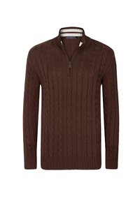 Brun kabelstrikket pullover med kvart lynlås og ribbet kant. Har en stribet krave og tekstureret stof for ekstra detalje.