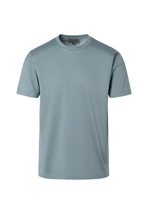 Schlichtes hellblaues T-Shirt mit kurzen Ärmeln, Rundhalsausschnitt, normaler Passform und sichtbarem Kragenetikett auf weißem Hintergrund.