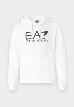 Vit hoodie med kenguruficka, dragsko i huvan och tryckt svart logotyp "EA7 EMPORIO ARMANI" över bröstet. Mjuk textur.