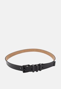 Black leather belt with a smooth texture, featuring a matte black metal buckle and a light brown inner lining. Five holes for adjusting size.