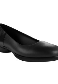 Black leather ballet flat with a rounded toe and textured heel. Smooth finish on the upper, featuring a subtle shine. Lightweight construction.