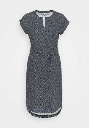 Navy Kleid mit weißen Punkten, kurzen Ärmeln, einem runden Ausschnitt mit einem Schlüsselloch-Ausschnitt und einer verstellbaren Kordelzug-Taille.