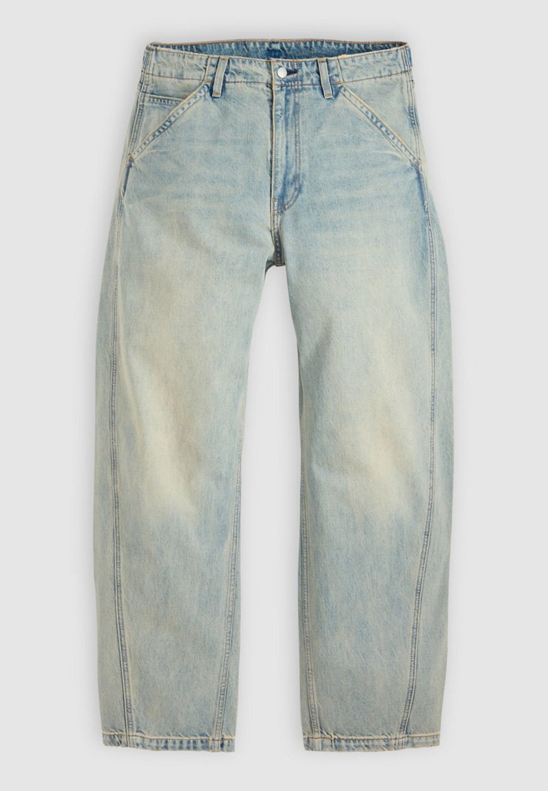 Jeans larghi color azzurro chiaro in denim. Presentano cinque tasche, chiusura con bottone e aree sbiadite per un aspetto vissuto.