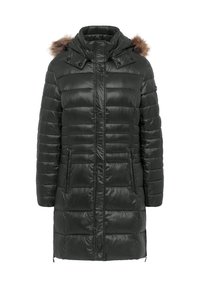 Donkergroen gewatteerde jas met glanzende afwerking. Voorzien van een afneembare capuchon met bontvoering, hoge kraag en twee zijzakken met rits. Lange mouwen met elastische boorden.