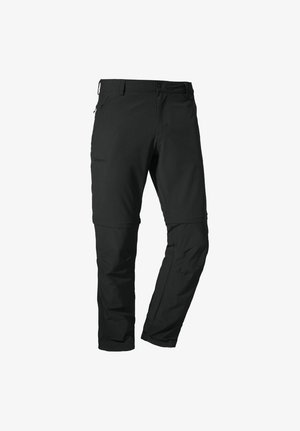 Zwarte outdoorbroek gemaakt van rekbaar, lichtgewicht materiaal; voorzien van ritszakken, gebogen knieën en een rits voor aanpasbare lengte.