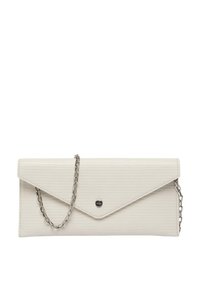 Pochette en simili cuir couleur crème avec une surface texturée, un rabat angulaire et une bandoulière en chaîne argentée. Comprend un détail de logo en métal.