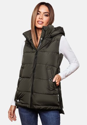 Olive green puffer vest with a hood, featuring a front zipper, snap buttons on pockets, and a quilted design. Worn over a white top.