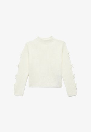 Maglione bianco lavorato a maglia con colletto alto e maniche lunghe, caratterizzato da fiocchi decorativi sulle cuciture esterne delle maniche. Texture morbida.