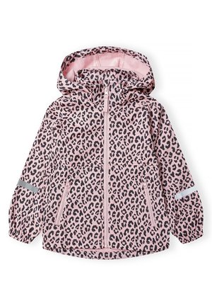 Pinke Kinder-Kapuzenjacke mit schwarzem Leopardenmuster, Frontreißverschluss, Reißverschlusstaschen, elastischen Bündchen und reflektierenden Streifen an den Ärmeln.