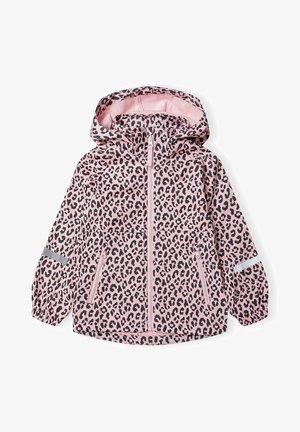 Veste à capuche rose pour enfant avec imprimé léopard noir, fermeture éclair avant, poches zippées, poignets élastiques et bandes réfléchissantes sur les manches.
