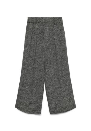 Pantaloni grigi in tweed a vita alta e gamba larga, con pieghe e passanti per cintura, stesi su sfondo bianco.