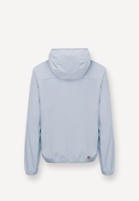 Világoskék kapucnis dzseki hosszú ujjakkal, elasztikus mandzsettákkal és elasztikus szegéllyel, hátulról egy egyszerű háttér előtt bemutatva.