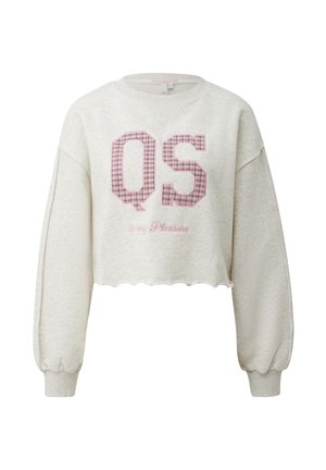 Sweat-shirt court beige clair avec manches longues bouffantes, lettres "QS" à carreaux roses et inscription "is my Pleasure" sur le devant.
