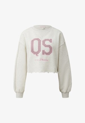 Sweat-shirt court beige clair avec manches longues bouffantes, lettres "QS" à carreaux roses et inscription "is my Pleasure" sur le devant.