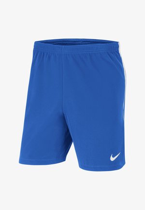 Siniset urheilushortsit, jotka on valmistettu kevyestä kankaasta. Shortsien vyötäröllä on joustava vyö ja vasemmassa alakulmassa valkoinen Nike-logo.
