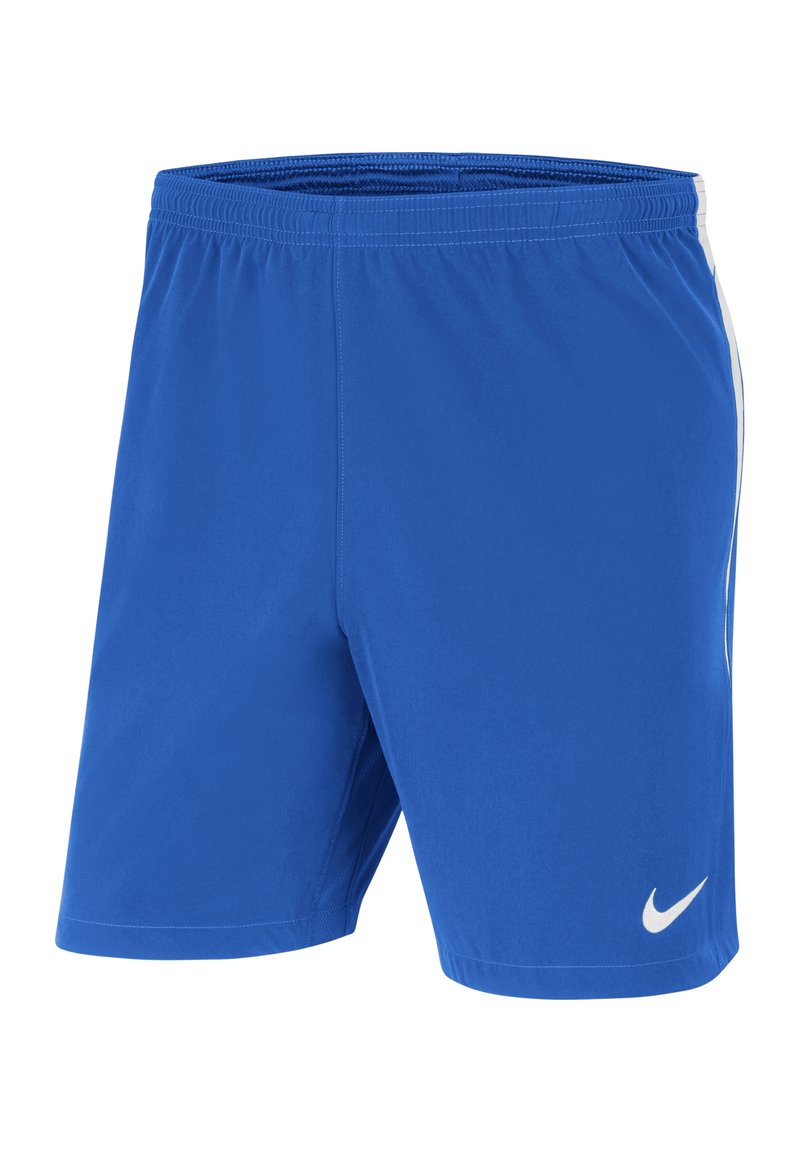 Shorts deportivos azules hechos de una tela ligera, con una cinturilla elástica y un logo blanco de Nike en la parte inferior izquierda.