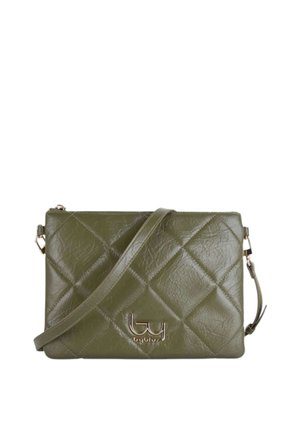 Borsa a tracolla trapuntata verde oliva con tracolla regolabile e logo metallico "byblos" sul davanti.