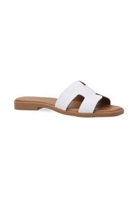 White slip-on sandal with two cut-out straps and a brown rubber sole. Smooth texture with a simple design, suitable for casual wear.