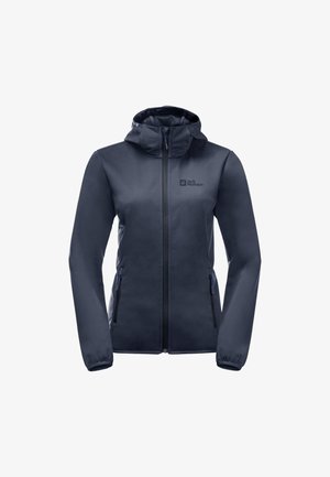 Marineblaue Softshelljacke mit durchgehendem Reißverschluss, abnehmbarer Kapuze, zwei Seitentaschen und dezentem Logo auf der oberen linken Seite.