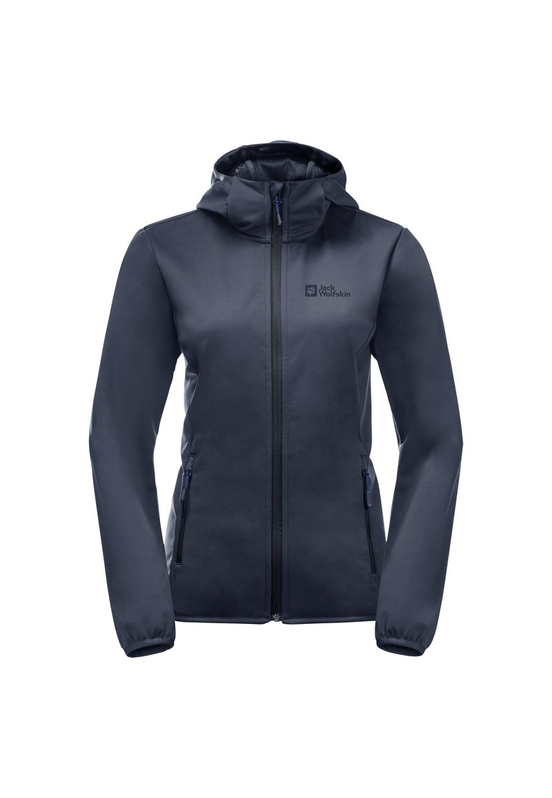 Veste softshell bleu marine avec fermeture éclair à l'avant, capuche attachée, deux poches latérales et détail de logo discret sur le haut à gauche.