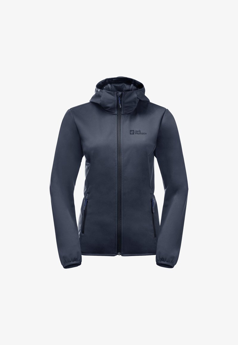 Veste softshell bleu marine avec fermeture éclair à l'avant, capuche attachée, deux poches latérales et détail de logo discret sur le haut à gauche.