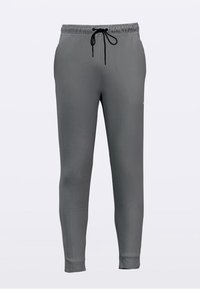 Grå treningsbukser med en smal benkonstruksjon, elastisk midjebånd og svart snor, laget av glatt, lett stoff.