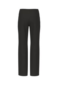 Black, loose-fitting trousers with a wide leg design. Features a smooth texture and elastic waistband for comfort. No visible patterns or accents.