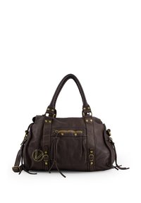 Braune Lederhandtasche mit strukturierter Oberfläche, goldfarbenen Beschlägen und zwei kurzen Griffen. Verfügt über eine vordere Reißverschlusstasche und seitliche Bänder.