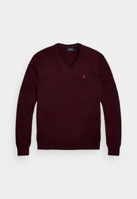 Viininpunainen V-kaula-aukkoinen neulepusero, joka on valmistettu sileästä neuloskankaasta. Siinä on pitkät hihat ja pieni kirjailtu logo rinnassa.