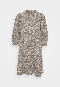 Schwarz, weiß und beige gemustertes Kleid mit hohem Kragen, Puffärmeln und ausgestellt geschnittenem Saum, gefertigt aus leichtem Stoff.