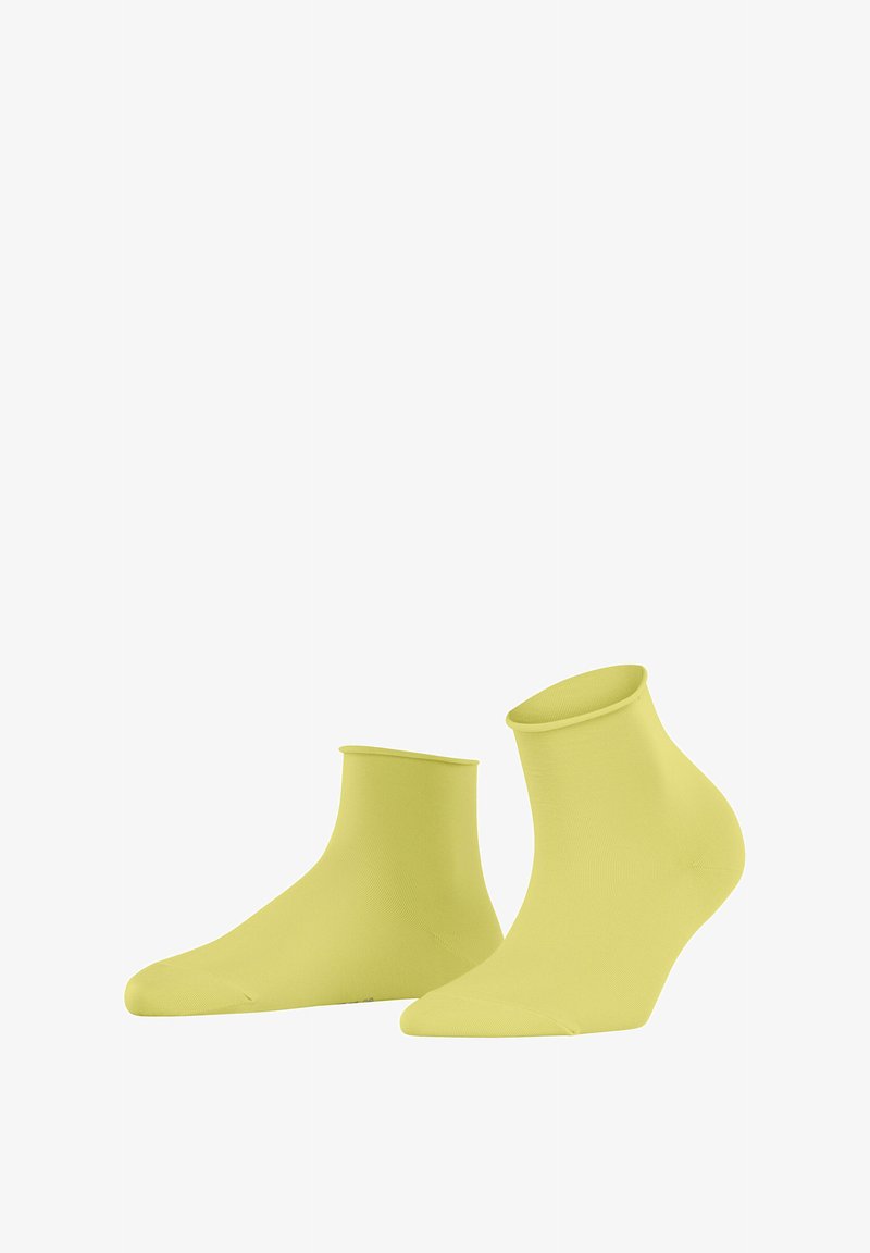 Gelbe Knöchelsocken aus weichem, elastischem Material. Einfaches Design mit glatter Textur und ohne sichtbare Muster oder Verzierungen.