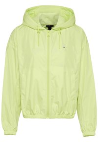 Lättviktsjacka med huva i neongul, med hel dragkedja, elastiska ärmslut och dragsko i nederkant. Inkluderar en liten logotypdetalj.