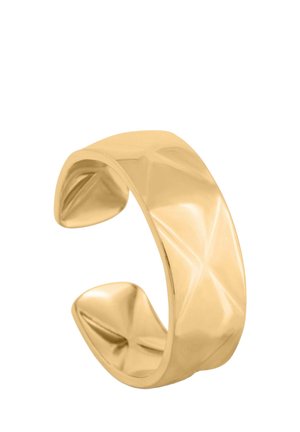 Anillo ancho de pulsera en tono dorado con una superficie pulida y reflectante, y diseño abierto para ajuste ajustable.