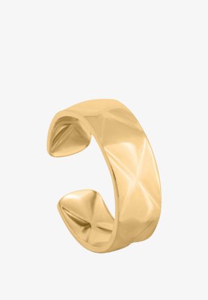 Goldfarbener breiter Manschettenring mit polierter, reflektierender Oberfläche und offenem Ende für eine verstellbare Passform.