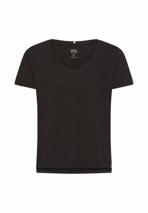 Sort kortærmet økologisk bomulds T-shirt med V-udskæring, camel active-mærke ved halsudskæringen og lille etiket ved nederste kant.