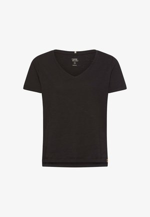 Sort kortærmet økologisk bomulds T-shirt med V-udskæring, camel active-mærke ved halsudskæringen og lille etiket ved nederste kant.