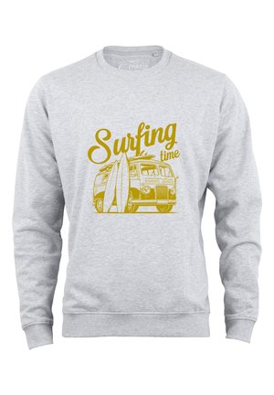 Gray sweatshirt featuring a yellow graphic of a vintage van and two surfboards, with the text "Surfing time" in an informal font.
