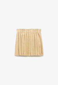 Faltenrock in Beige mit einem elastischen Bund und Fransen am Saum. Aus einem weichen Stoff gefertigt, mit mehreren vertikalen Falten für zusätzlichen Textur.