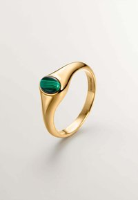 Anillo de oro con un diseño orgánico y suave que presenta una piedra de malaquita verde con rayas distintivas, reflejando la luz.