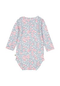 Dětská kombinéza s dlouhým rukávem v světle modré barvě s květinovým vzorem, který zahrnuje růžové květy a tmavě zelené listy. Měkká látka se zapínáním na patentky.