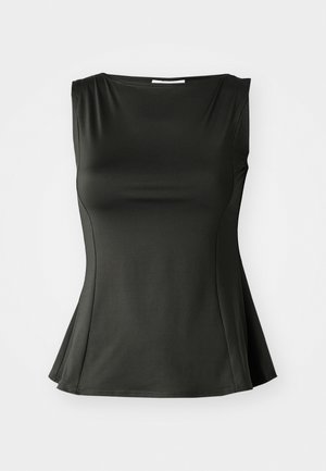 Schwarzes ärmelloses Oberteil aus glattem, dehnbarem Stoff; es verfügt über einen ausgestellten Saum und einen Rundhalsausschnitt, der eine figurbetonte, aber entspannte Silhouette bietet.