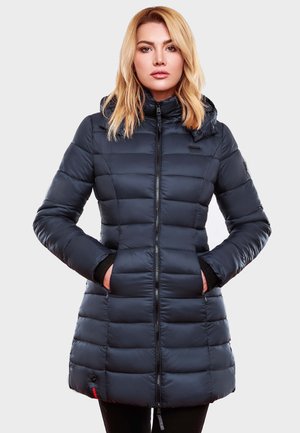 Navy blue puffer coat with a zip closure, hood, and side pockets; features horizontal stitching and a fitted silhouette.